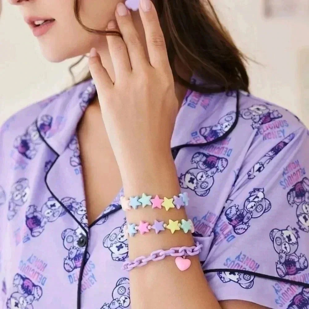 Three piece pastel purple rainbow color graphic Star girls bracelet set jewelry